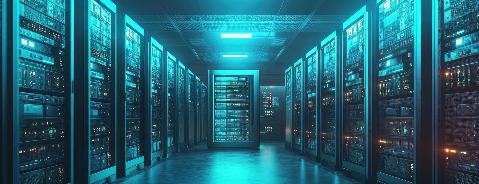 A corridor between server racks in a data center, lit teal