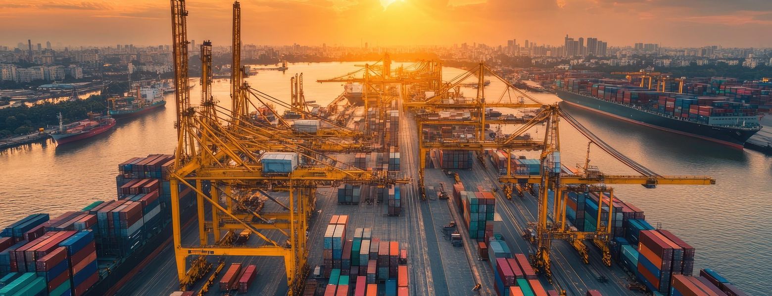 An aerial view of a container port at sunset