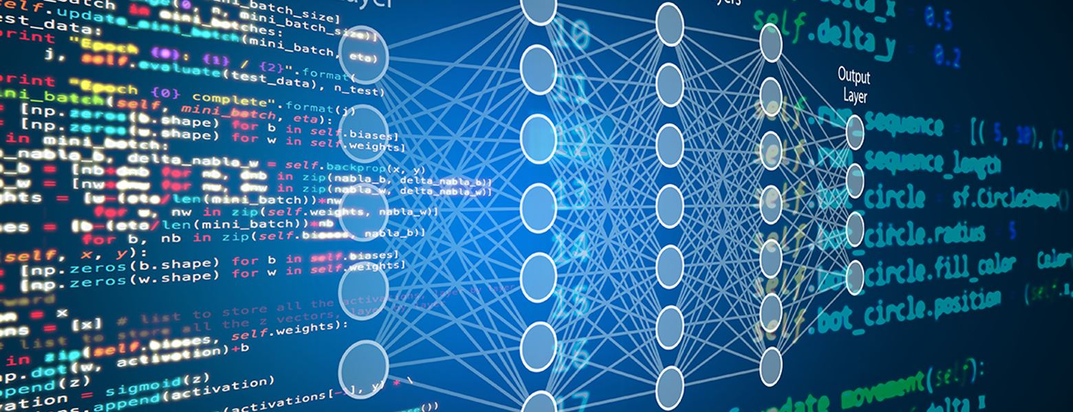 A neural network diagram overlaid on lines of source code