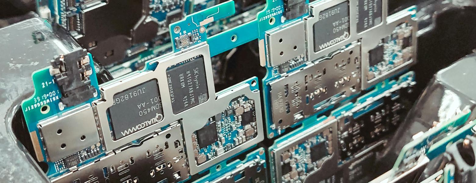 Close-up of circuit boards on an electronics production line