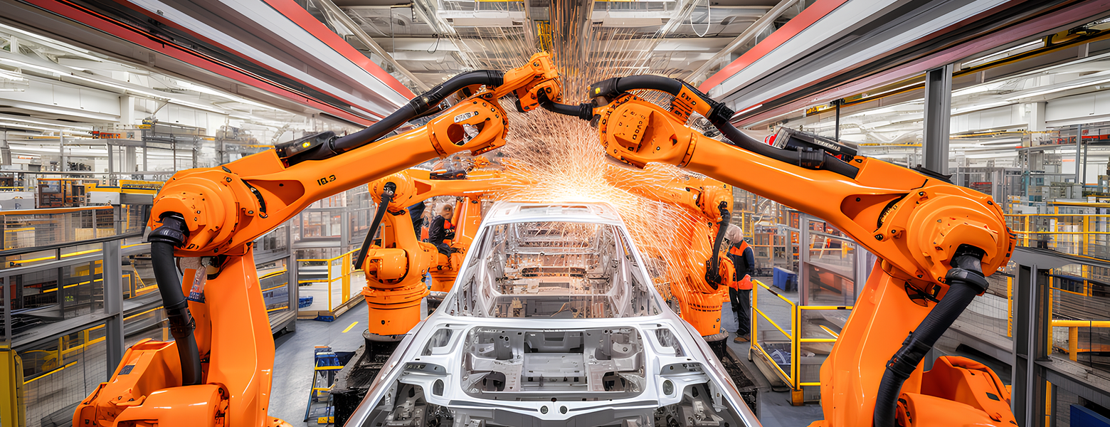 Orange robotic arms welding a car body shell on a production line