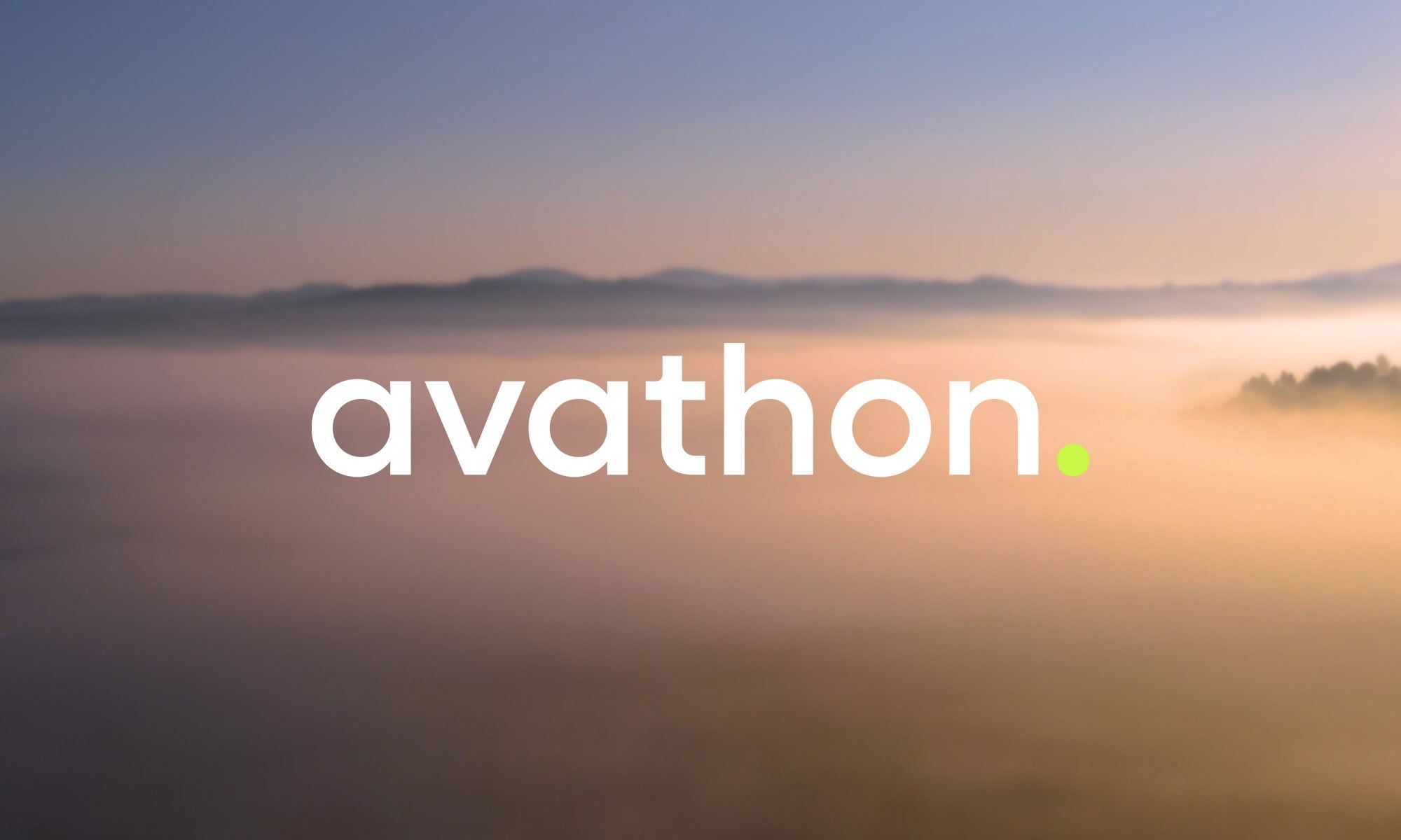 The Avathon wordmark over a mist-covered landscape at dawn
