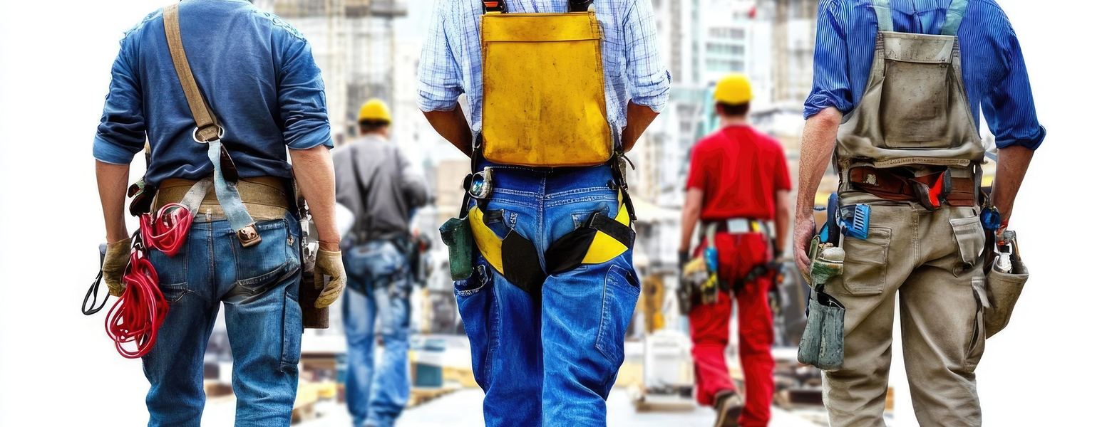 Workers in hard hats and safety harnesses walking through a construction site