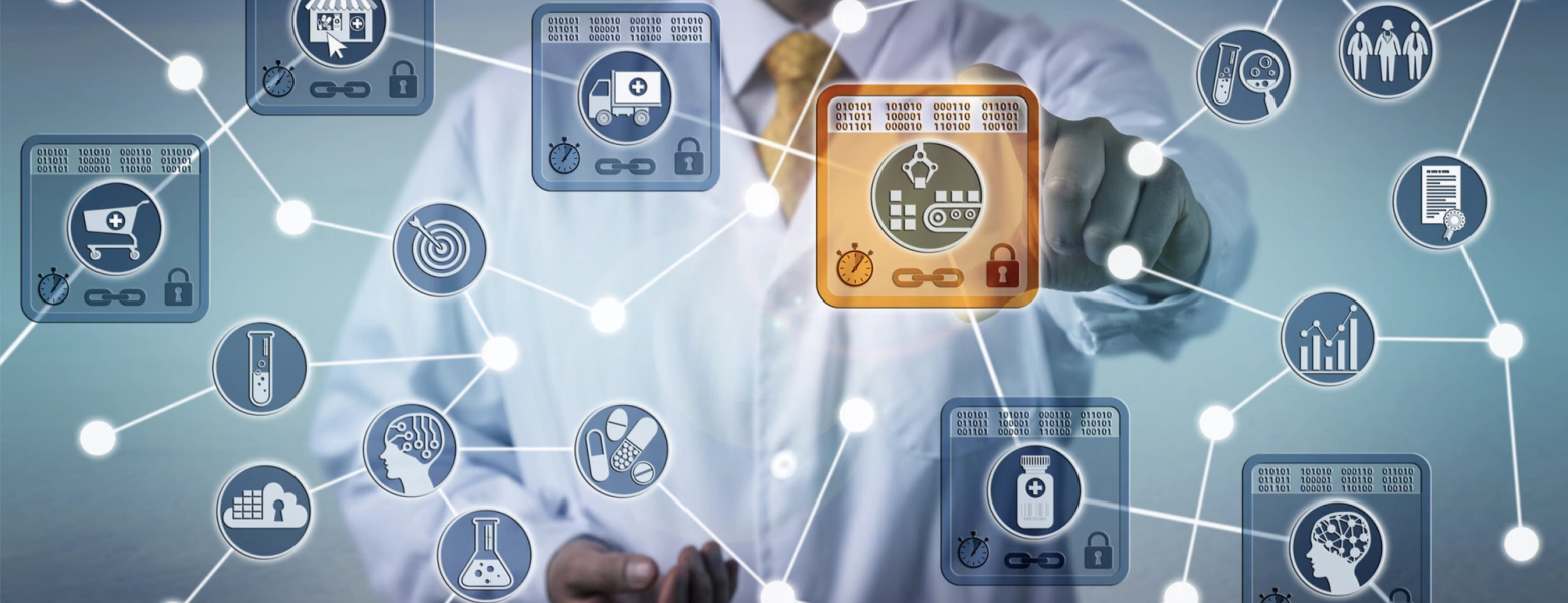 A person in a lab coat touching one node in a floating network of icons