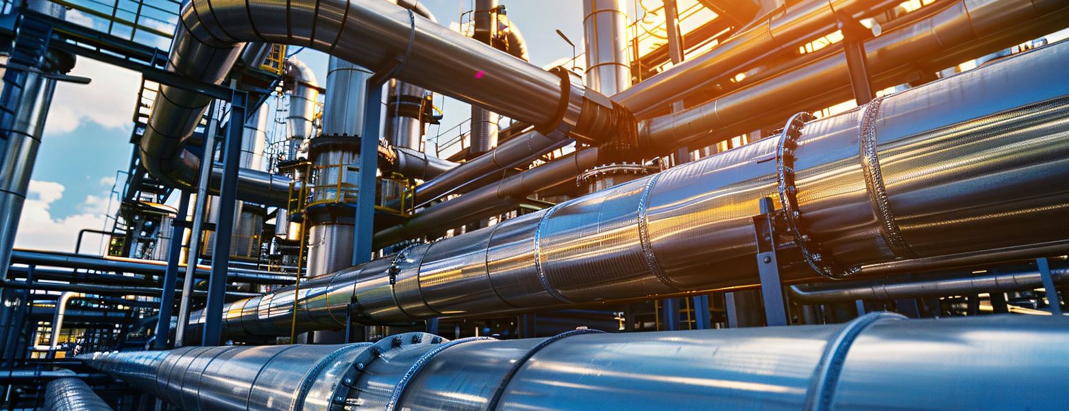 Steel pipelines running through a processing plant at sunset