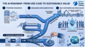 A roadmap infographic running from strategic diagnosis through the pilot trap and organized implementation to a self-sustaining AI culture