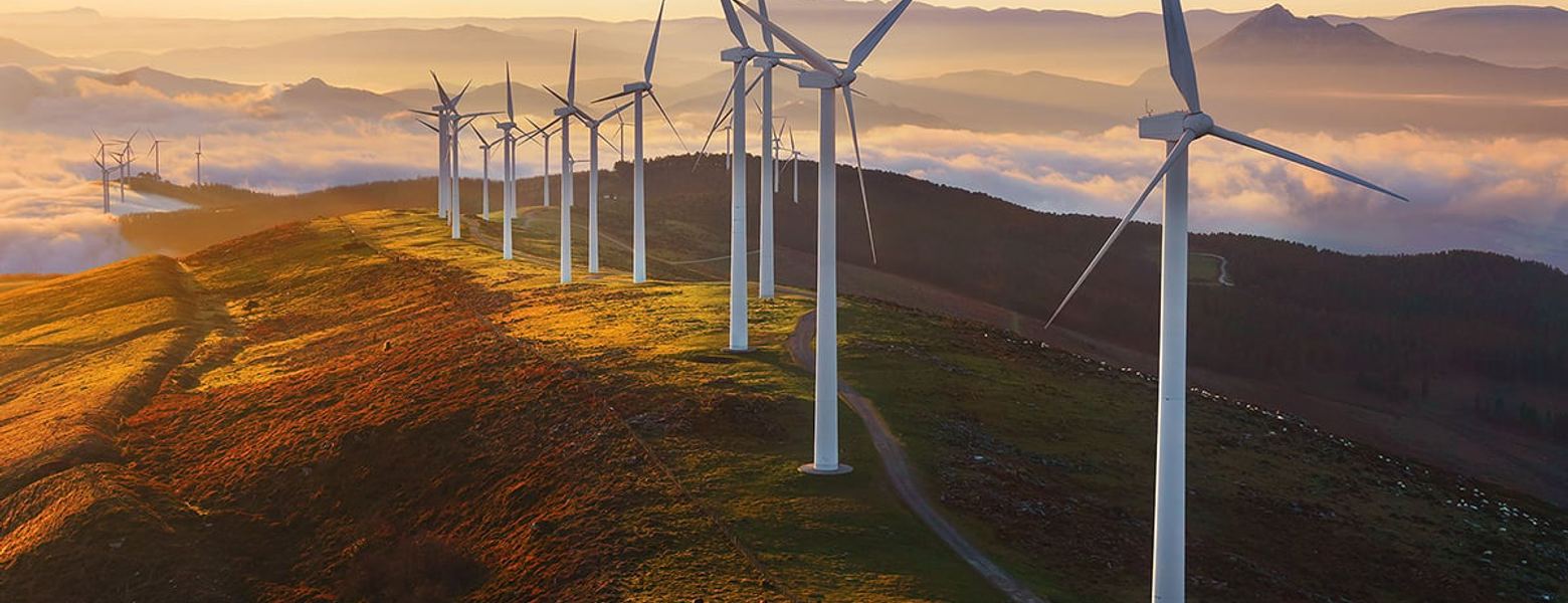 Renewables wind farm. Learn how AI can improve efficiency and help track and prevent energy loss.