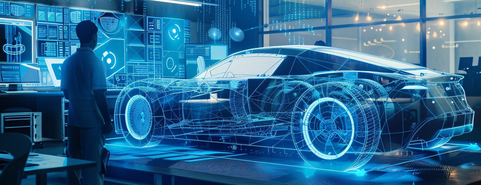 An engineer looking at a glowing wireframe model of a car in a lab