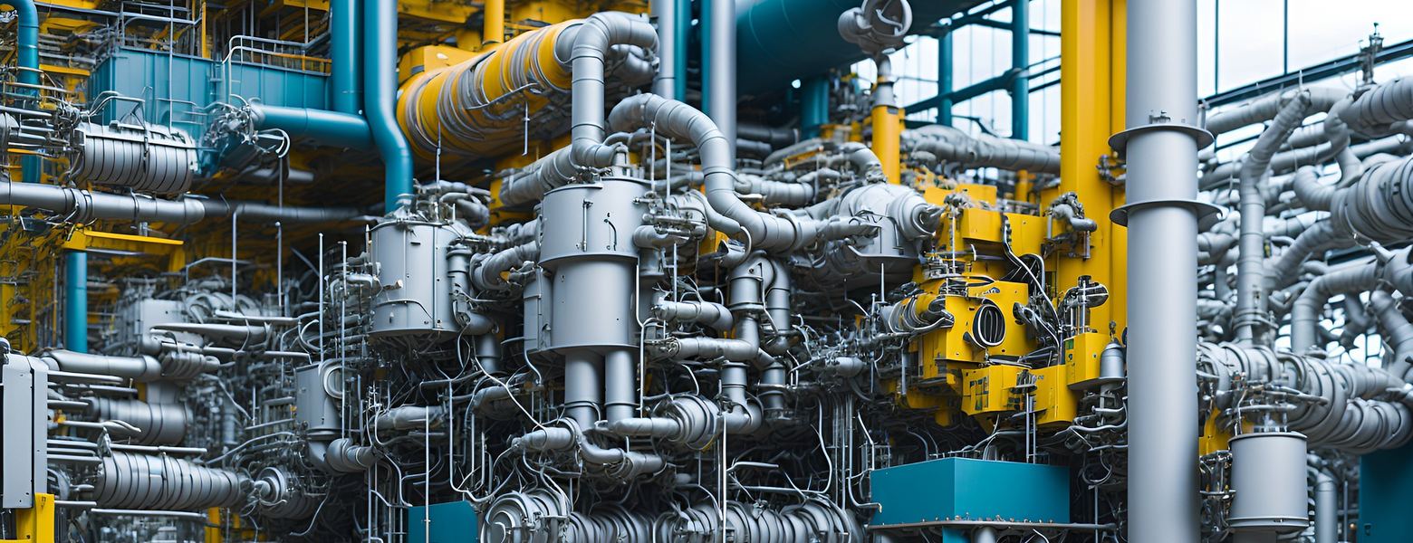 A dense tangle of industrial pipework and pressure vessels in a processing plant