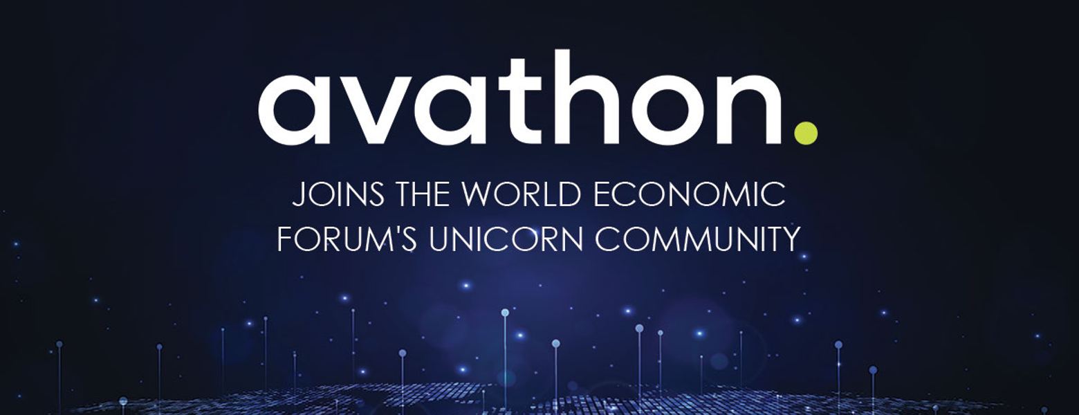 Title card reading “avathon. joins the World Economic Forum’s Unicorn Community” over a dark network graphic