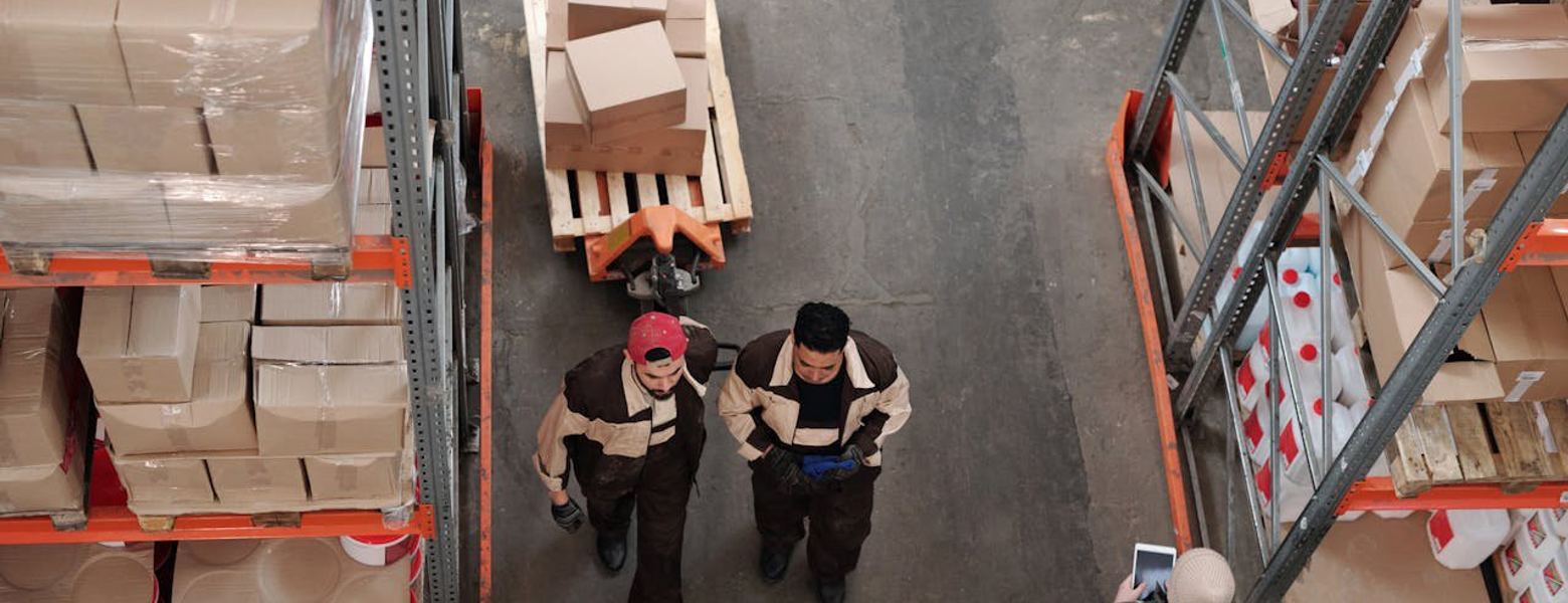 Overhead view of warehouse workers moving pallets between loaded racking