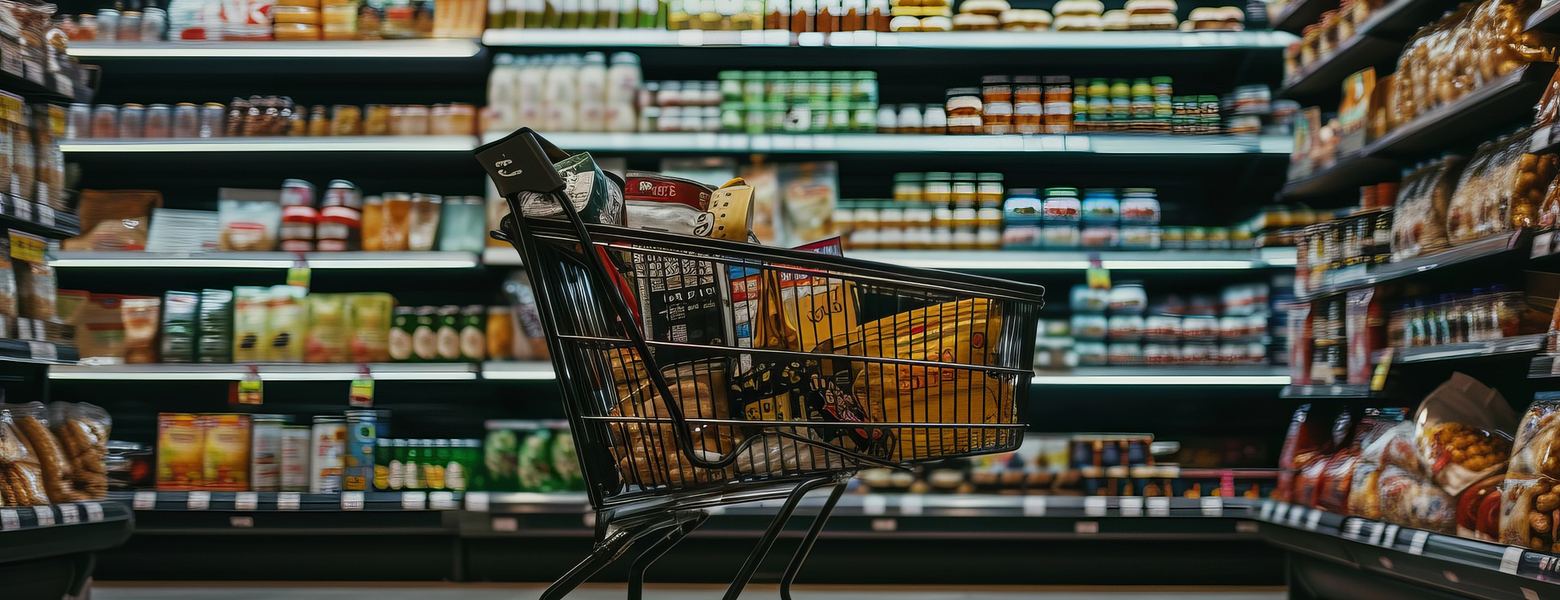 A shopping cart in a stocked supermarket aisle