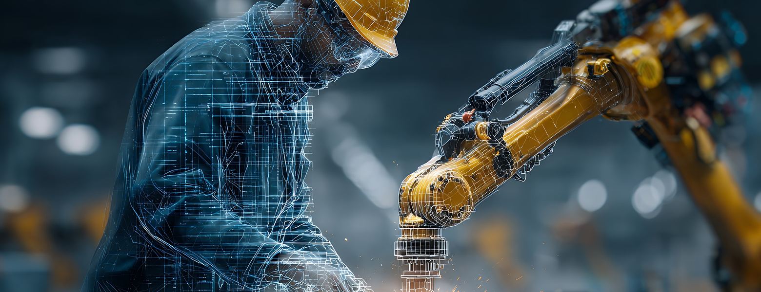 A worker in a hard hat guiding a robotic arm, overlaid with a wireframe scan