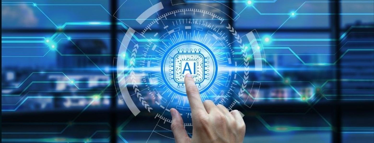 A finger touching a glowing AI chip icon on a circuit-board interface