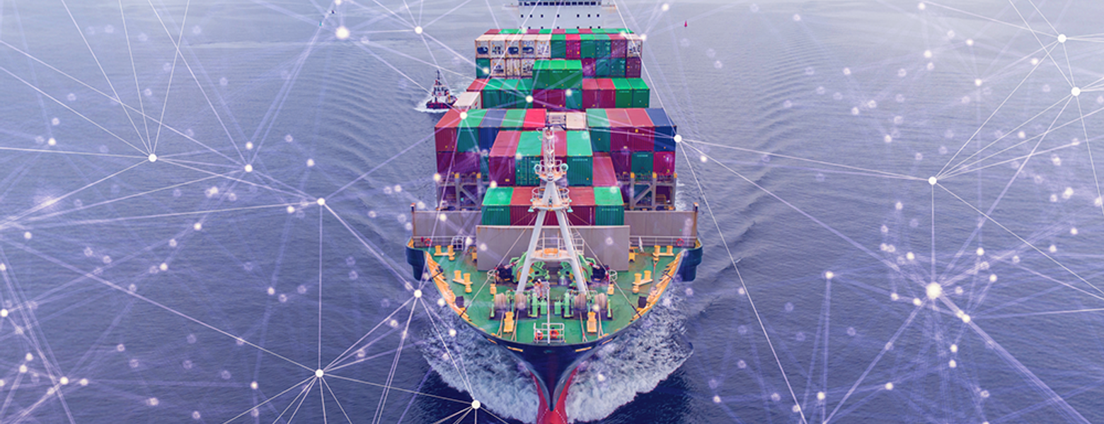 A container ship at sea overlaid with a network of connected points