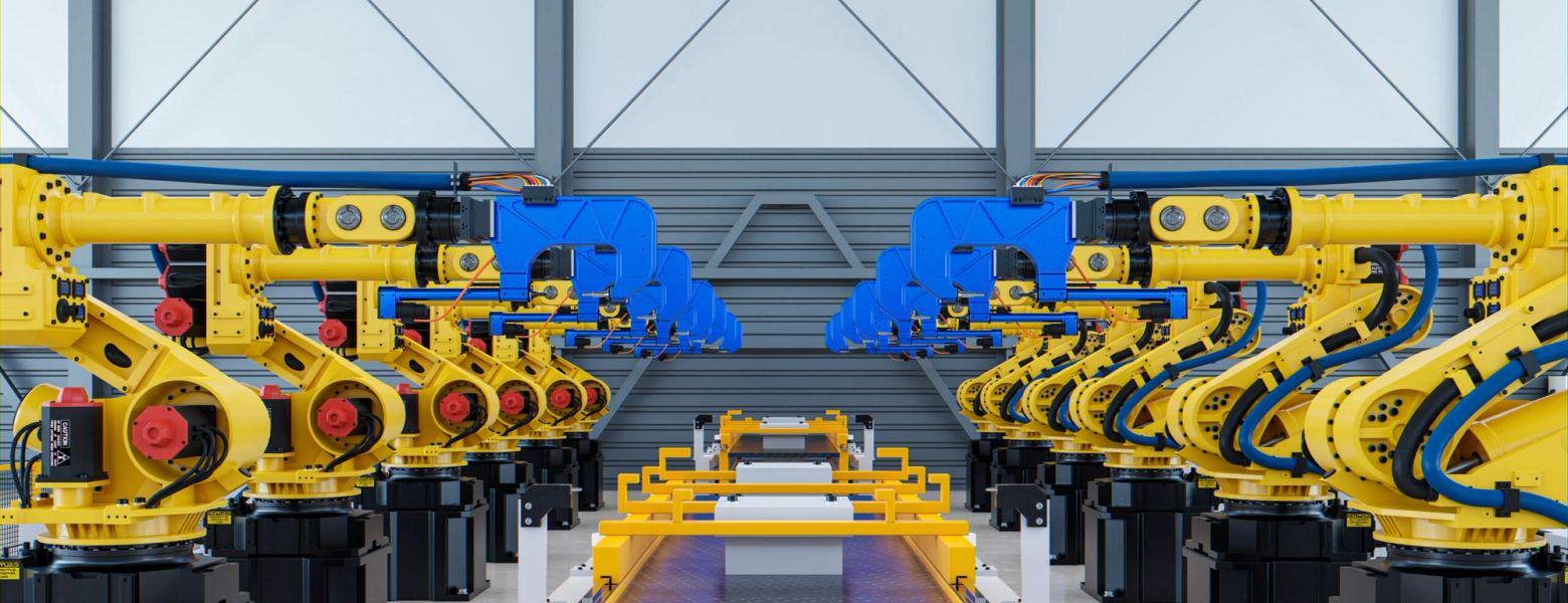 Rows of robotic arms facing each other over an automated production line