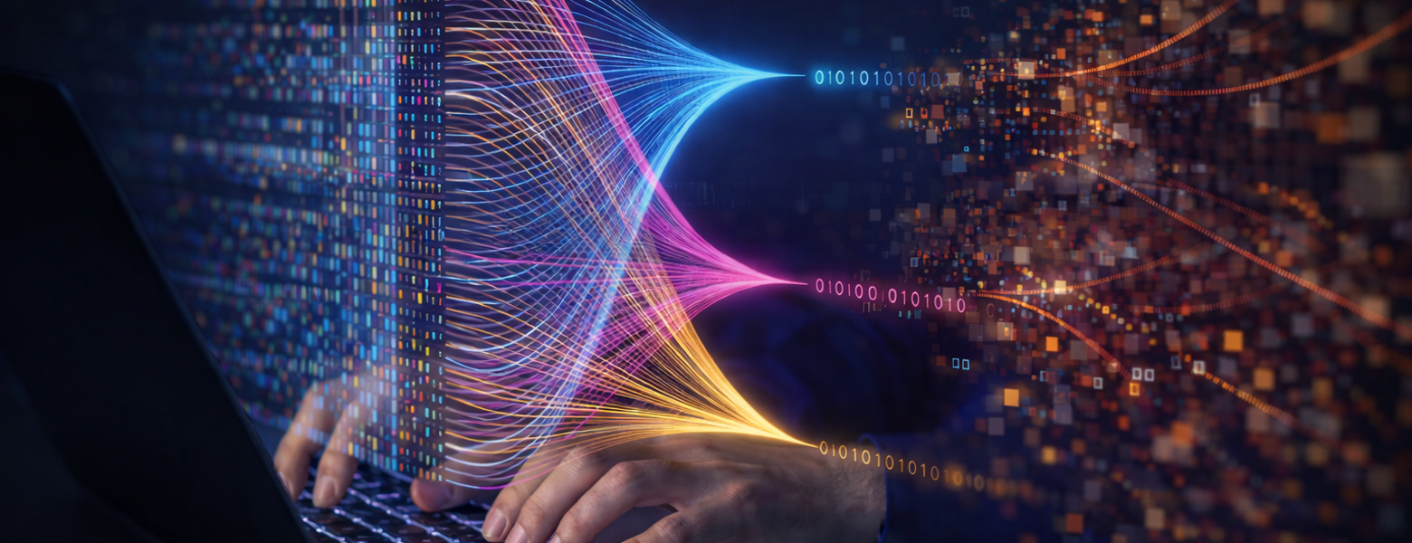 Hands on a laptop keyboard with streams of coloured data flowing out of the screen