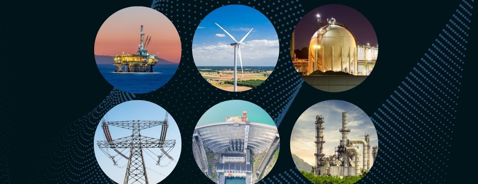 Six circular vignettes of energy assets: an offshore rig, a wind turbine, storage spheres, transmission pylons, a dam and a refinery