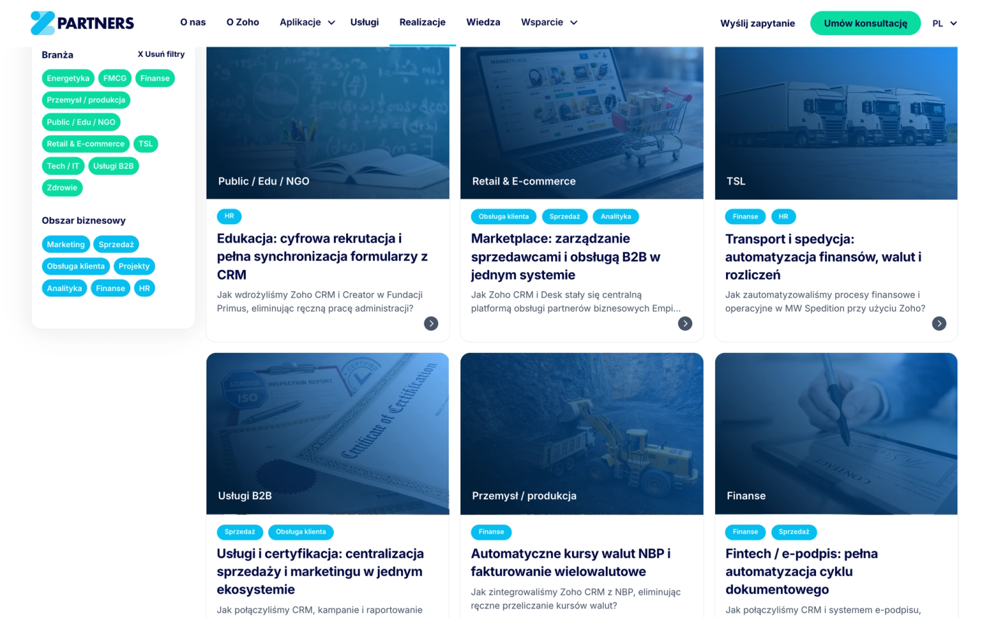 Z Partners case study listing with industry and business area filters next to project cards