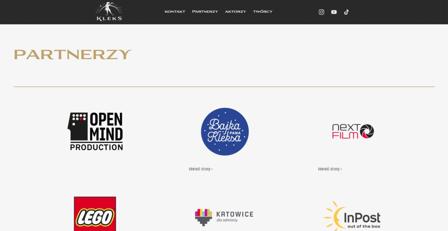 Podstrona Partnerzy na stronie Kleks Academy z logotypami LEGO, InPost i miasta Katowice