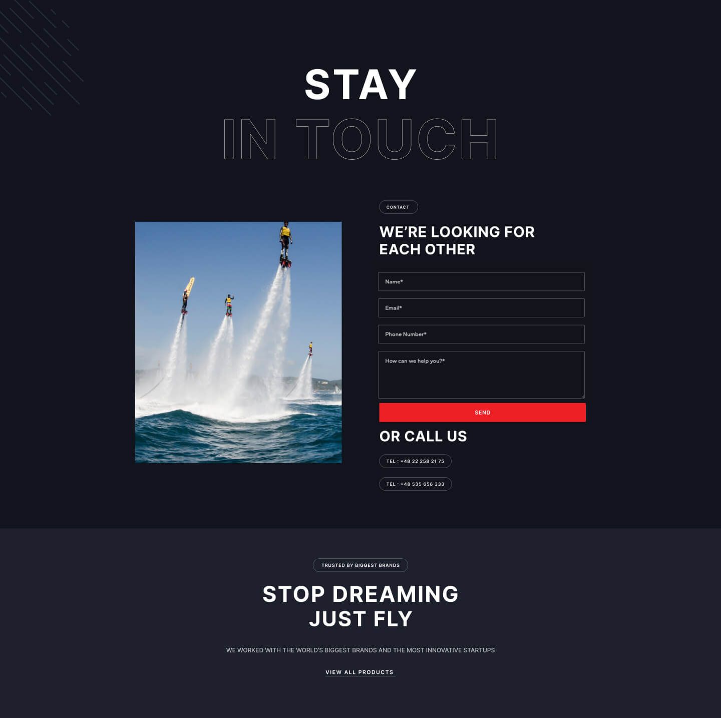 Strona Flyboard Europe, sekcja z fotografią produktową