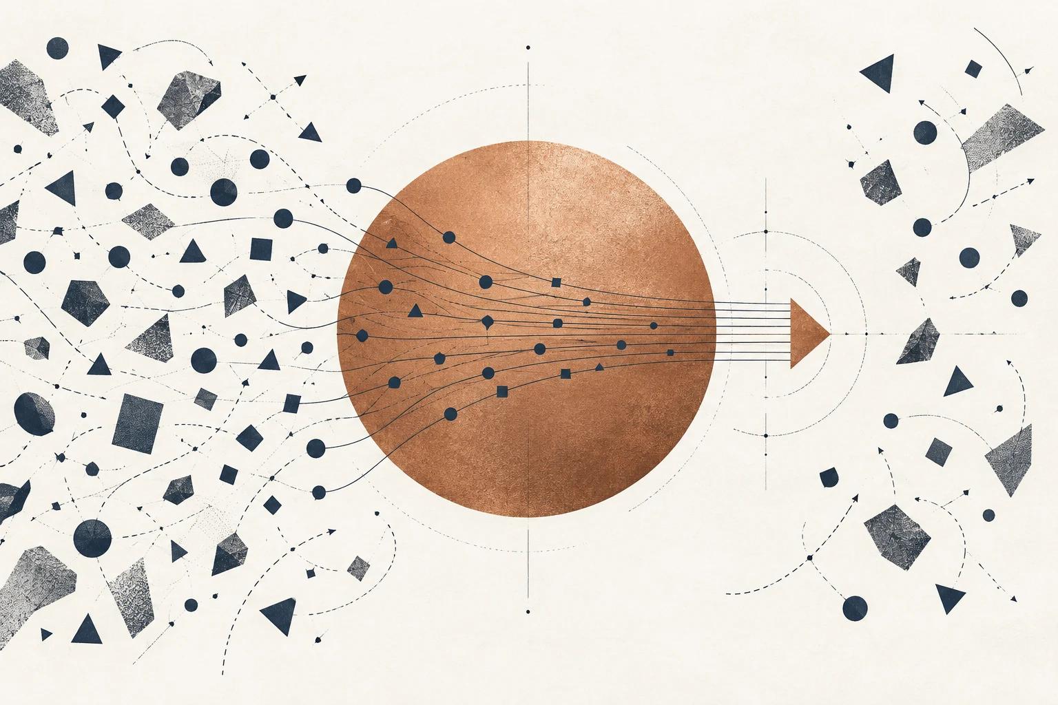Scattered navy shapes on the left drawn through a large copper disc and resolving into parallel lines and a single arrow on the right.