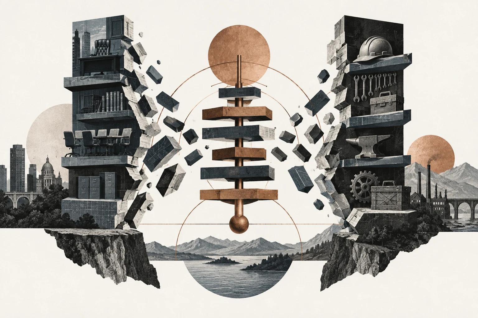 Two stone towers — an office and a workshop — breaking apart into blocks that restack on a central copper spindle between them.