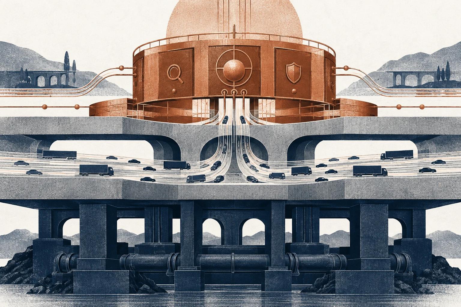 A layered viaduct: traffic streaming through concrete arches below, rising into a copper drum marked with a shield and a lens above.