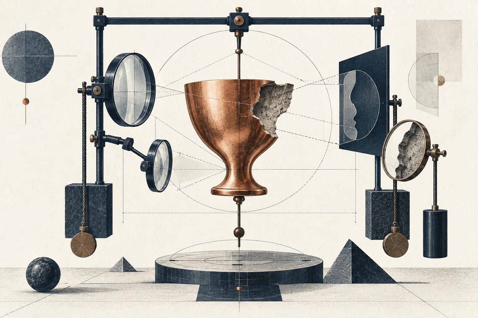 A copper chalice with a broken stone rim, held in a navy frame and examined from four sides by lenses and counterweights.