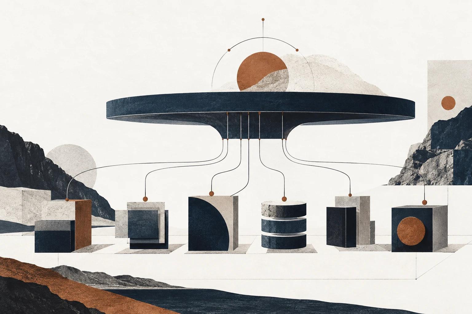 A broad navy disc suspended above a row of navy and stone application blocks, thin copper-tipped cables running down from it to each one.
