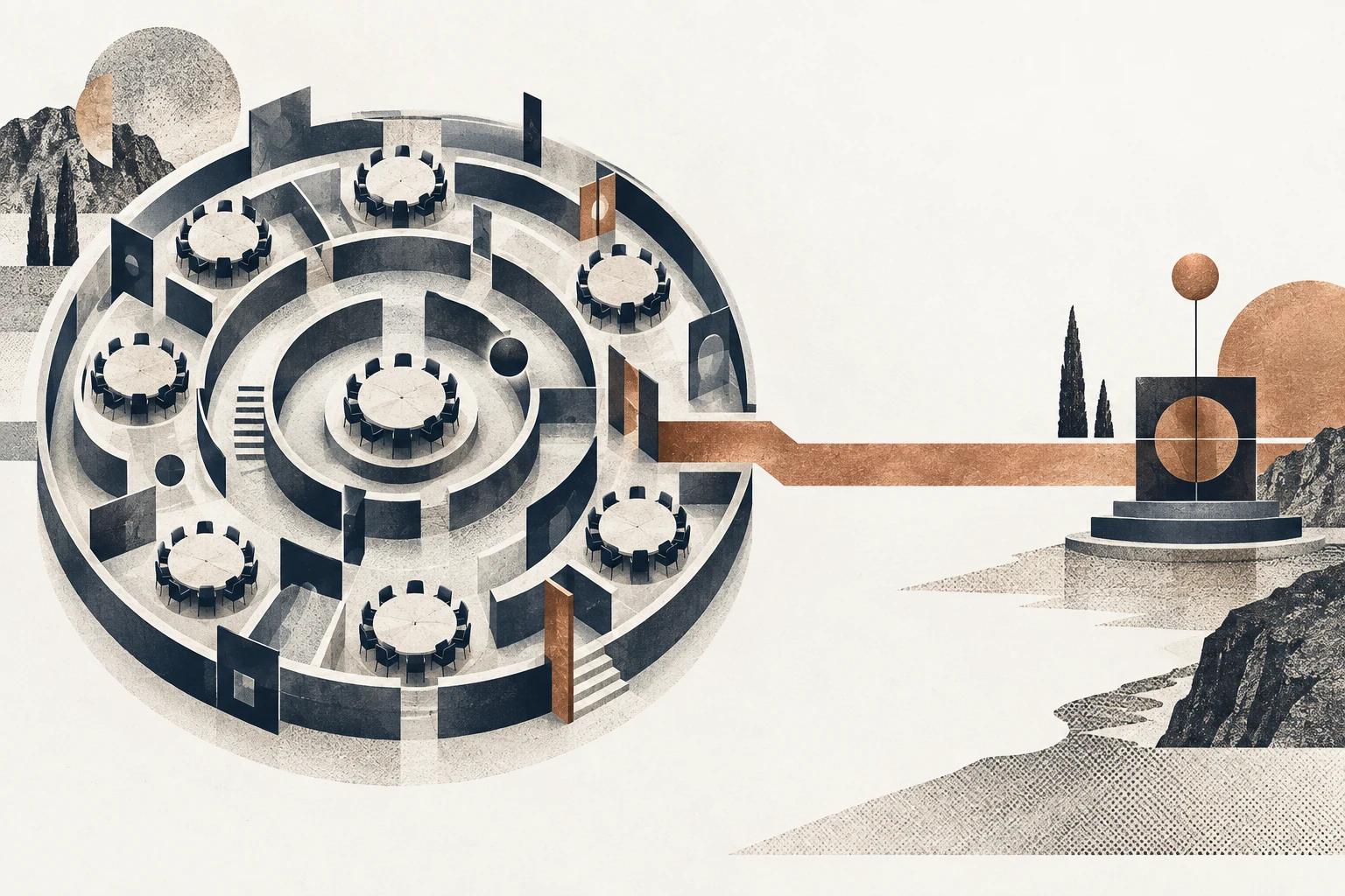 An aerial view of a circular concrete maze filled with meeting tables, a single copper causeway leading out of it to a lit plinth on the shore.