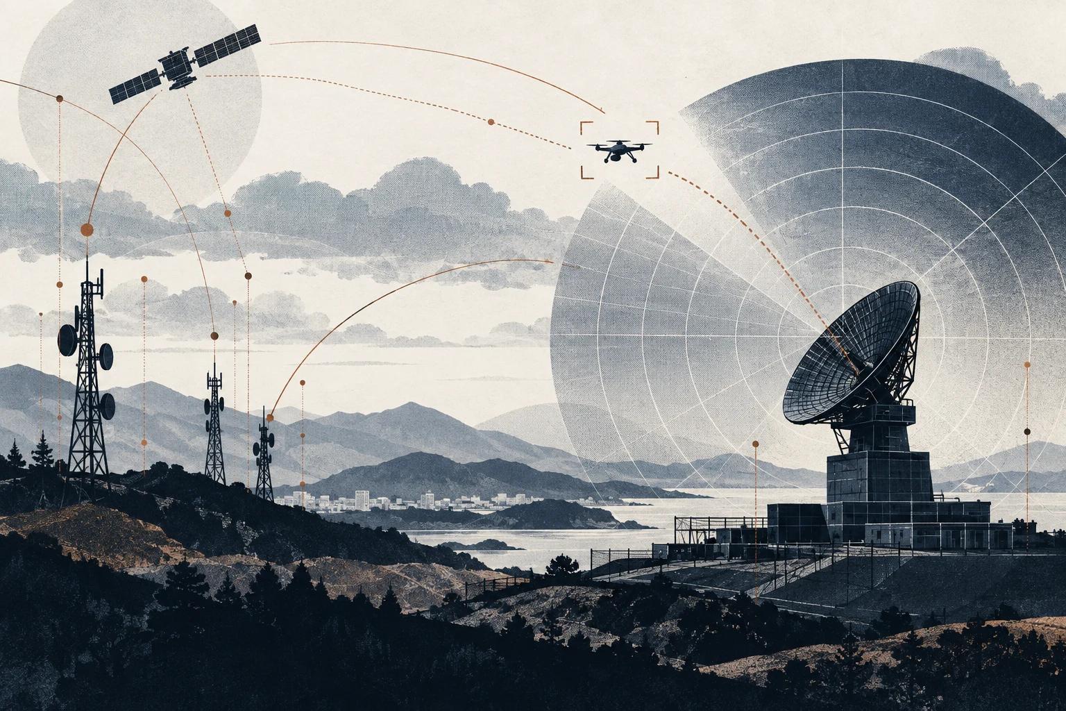 Mobile masts and a large dish antenna tracking a small drone between them, copper arcs linking the drone to a satellite overhead.