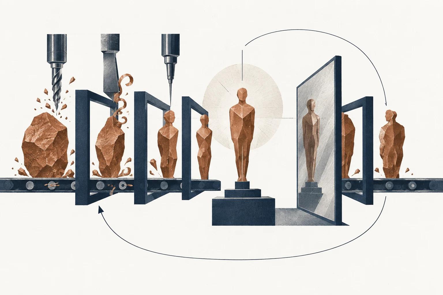 A conveyor line carving a copper block into a figure, one finished figure lit on a plinth beside a mirror, the line looping back on itself.