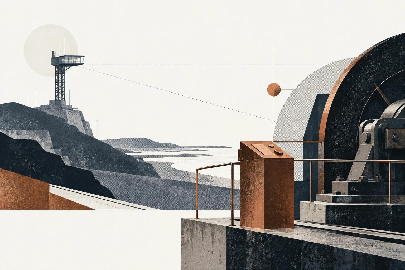 A navy watchtower on a distant headland, sighting lines running across to a copper control cabinet on a concrete gantry beside heavy machinery.