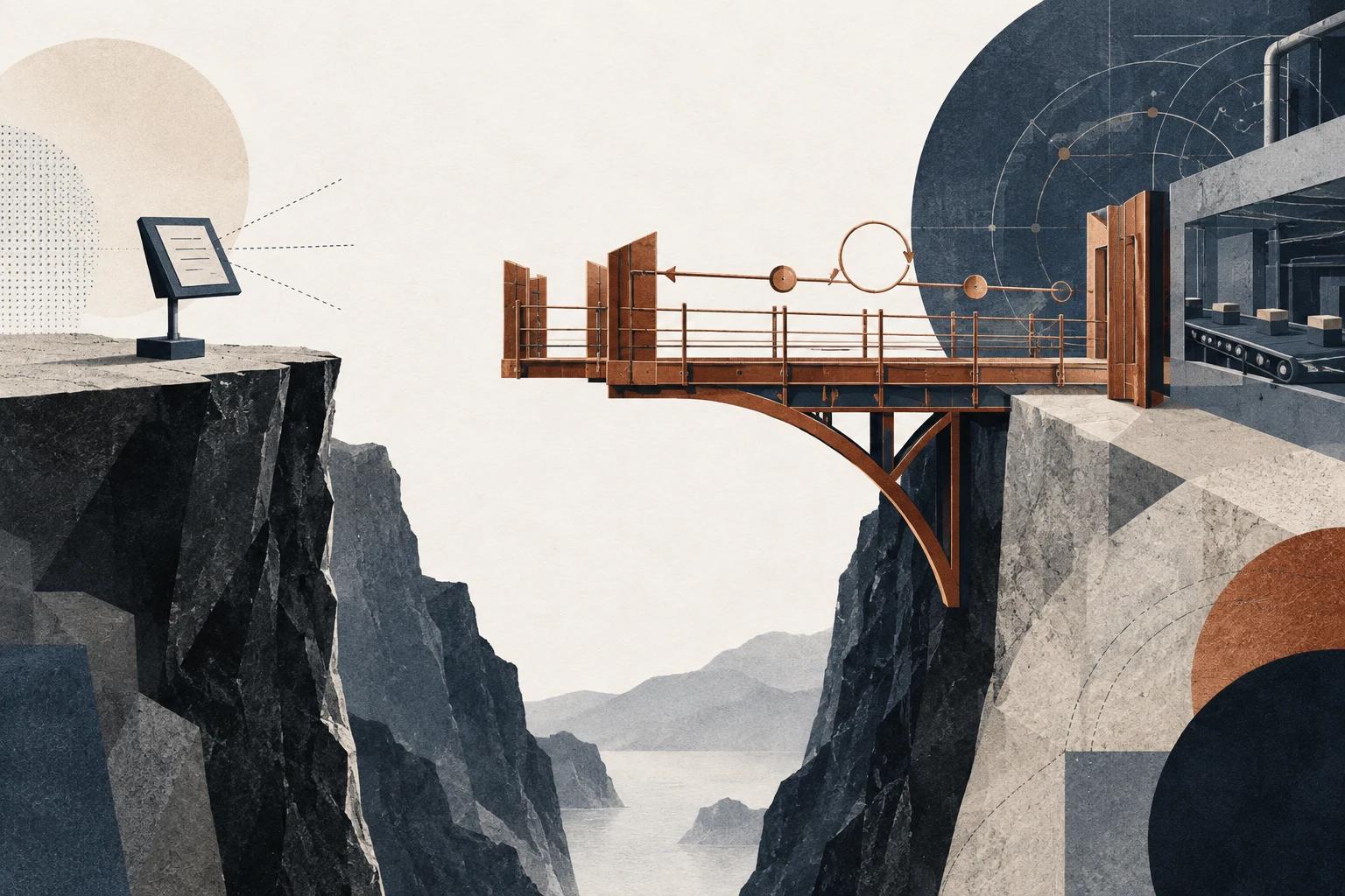 A copper bridge reaching across a ravine from a small navy screen on one cliff to an automated production line on the other.