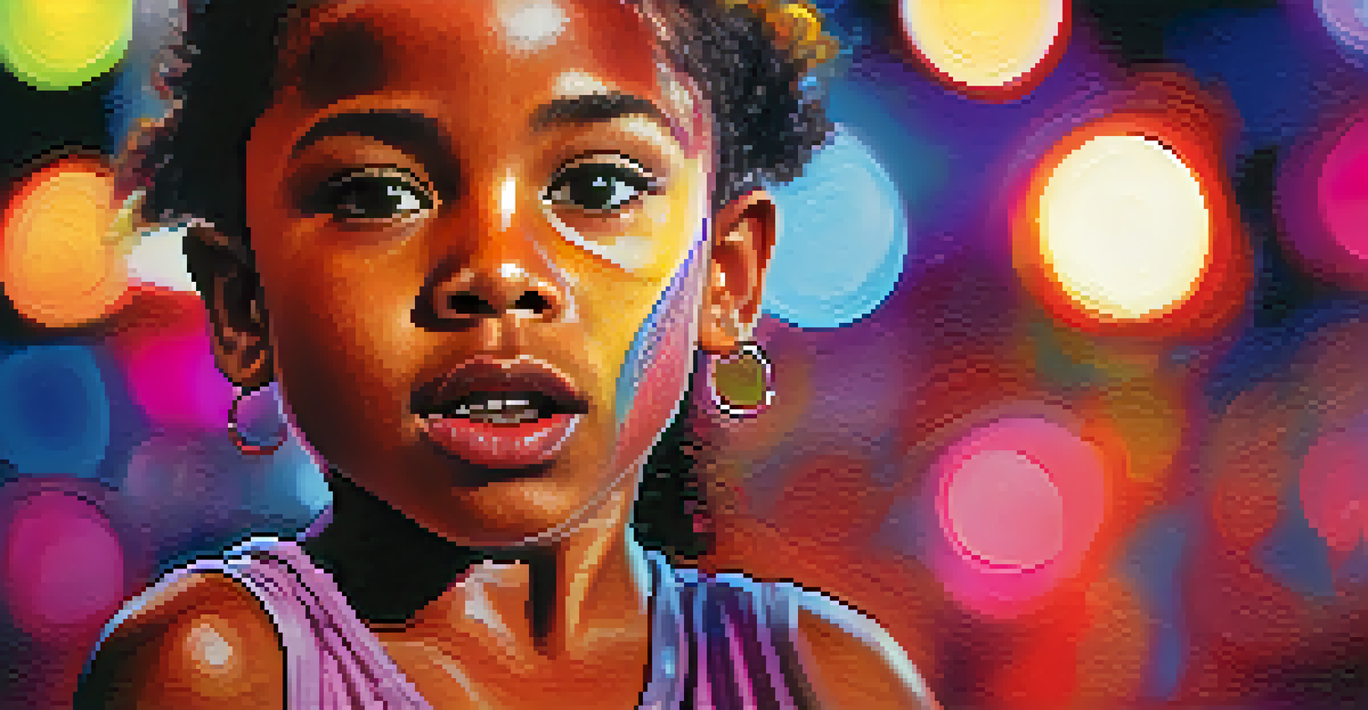 Close-up of a young dancer's face expressing emotion while performing krumping, surrounded by colorful lights.