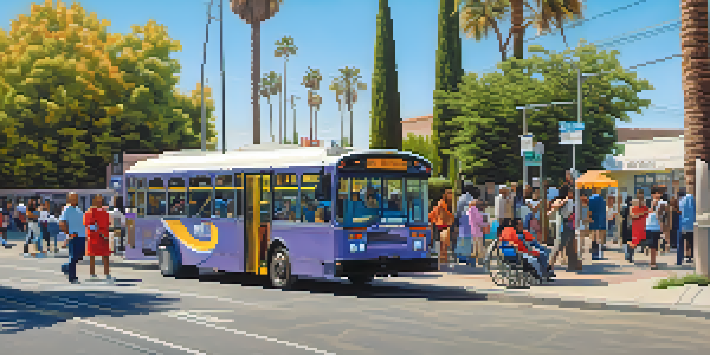 A city bus in Compton with diverse passengers, including individuals using mobility aids, at a well-equipped bus stop with a ramp and clear signage under a sunny sky.