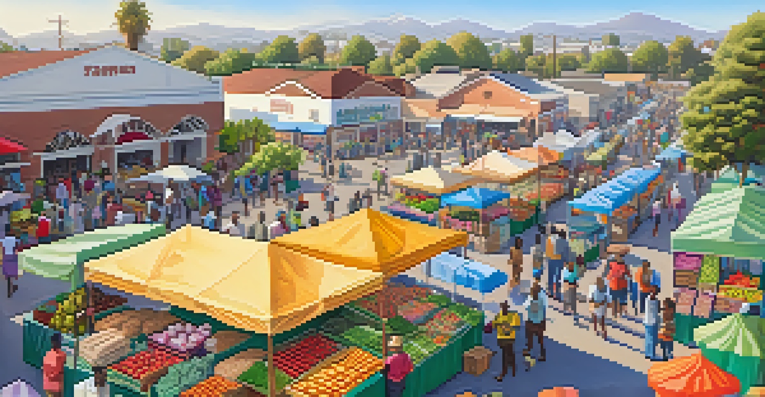 A lively community farmers' market in Compton, filled with colorful stalls and people interacting.