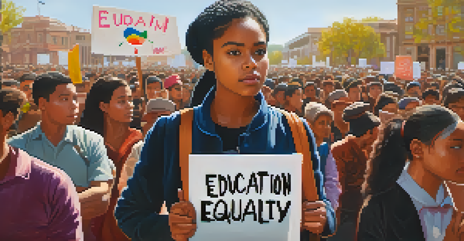 Close-up of a young female activist holding a sign advocating for education equality, with a determined look and a supportive crowd in the background.