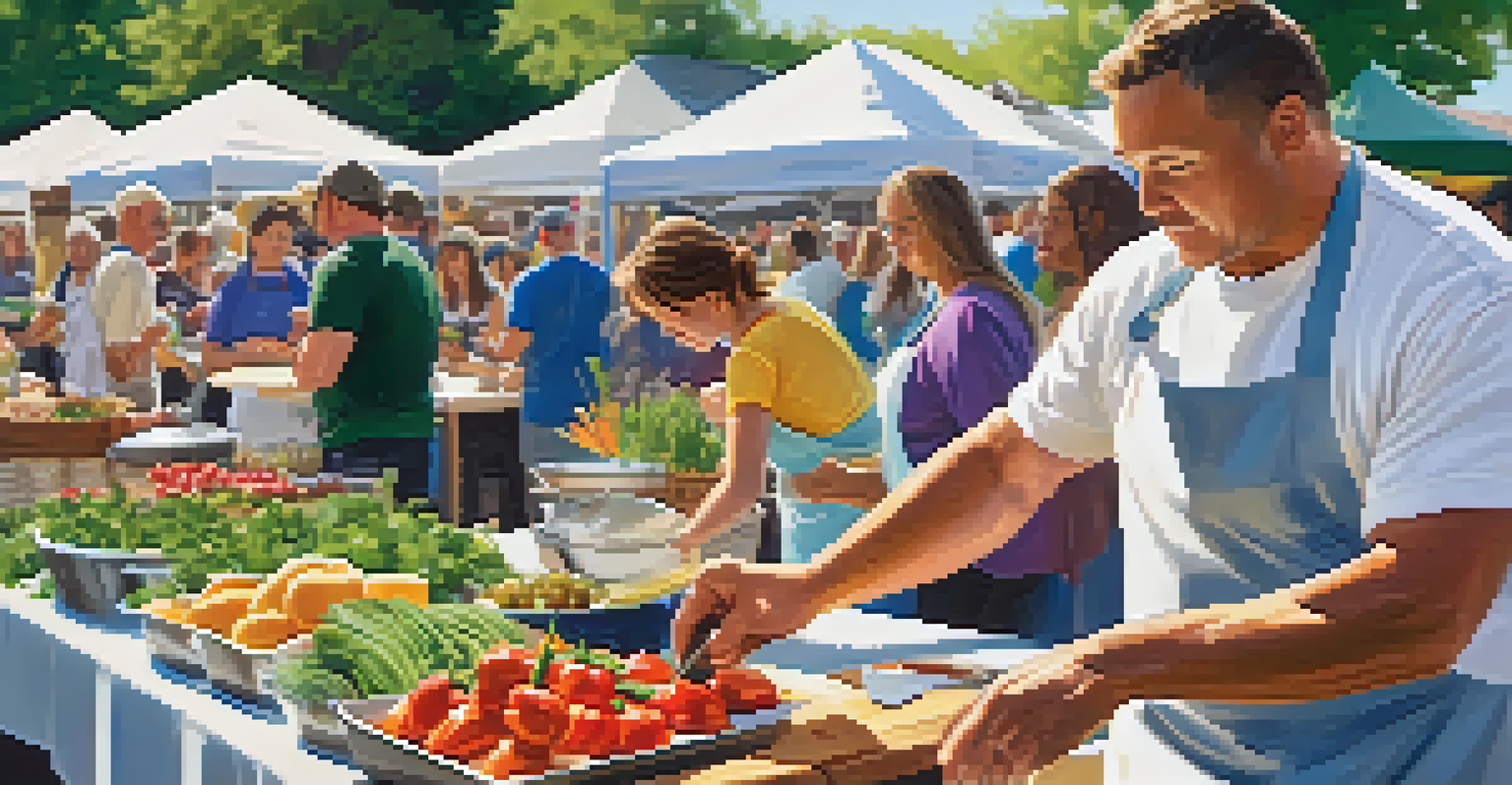 A cooking demonstration at a farmers market, where a chef teaches families about using seasonal ingredients.