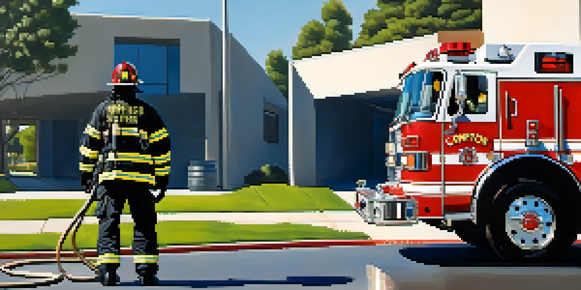 A firefighter in full gear stands next to a fire engine in front of the Compton skyline, with a clear blue sky and trees in the background.