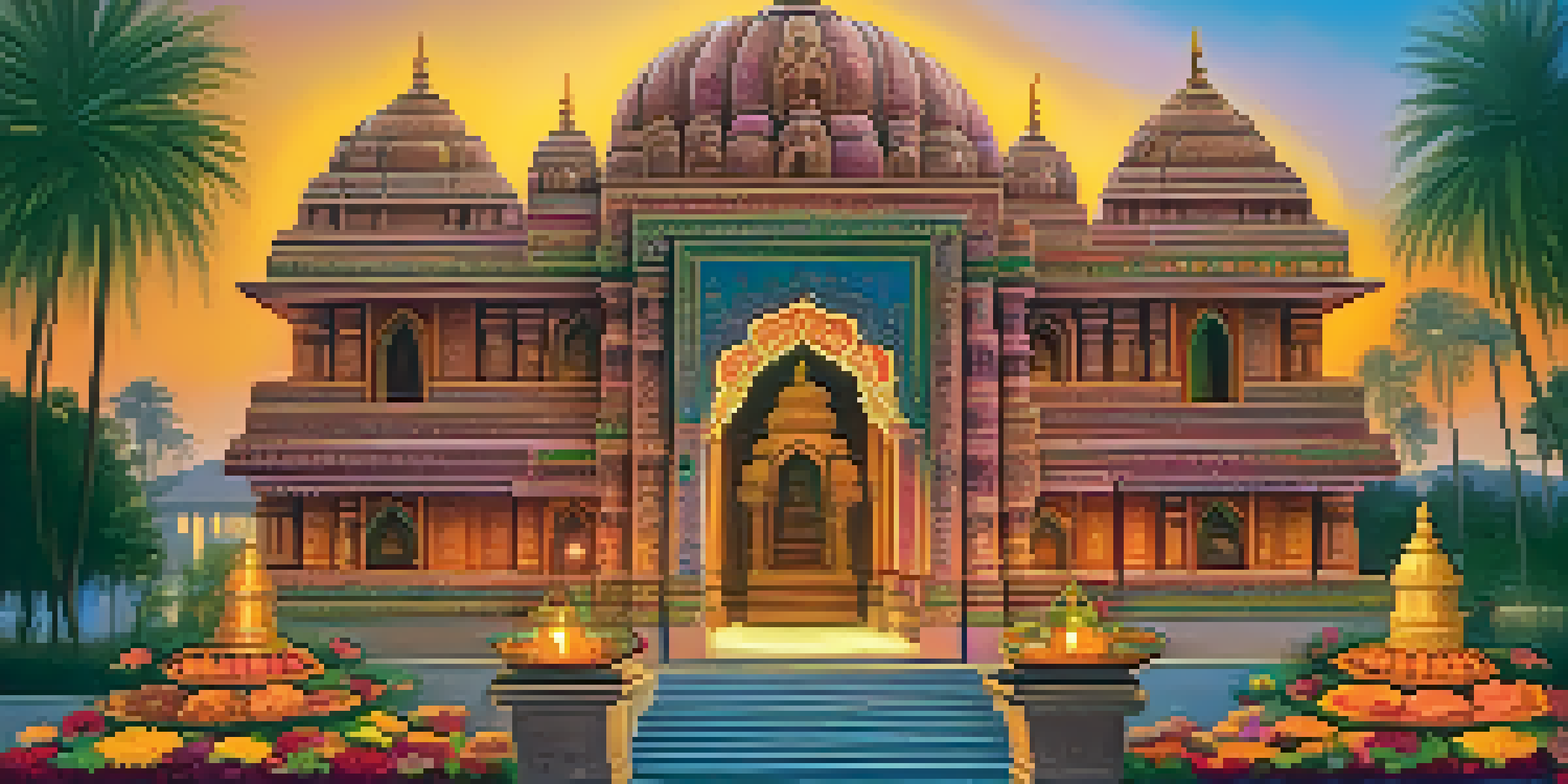 A Hindu temple in Compton decorated for Diwali with colorful lights, intricate carvings, and a diverse group of people celebrating.