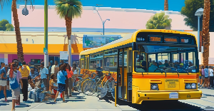 A vibrant street scene in Compton with a Metro bus, diverse commuters, colorful murals, palm trees, and parked bicycles under a blue sky.
