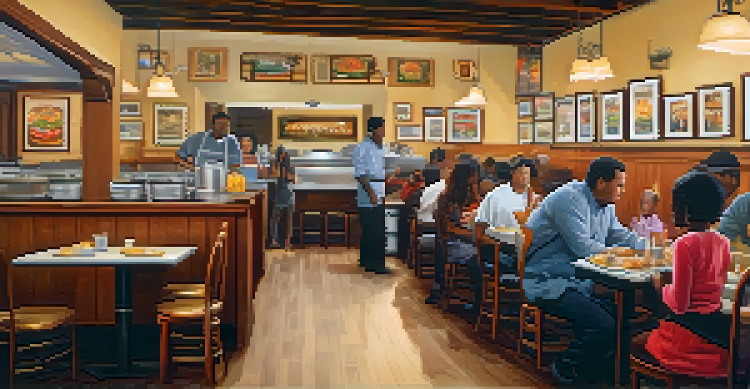 A cozy family-owned restaurant interior in Compton with wooden tables and an open kitchen.