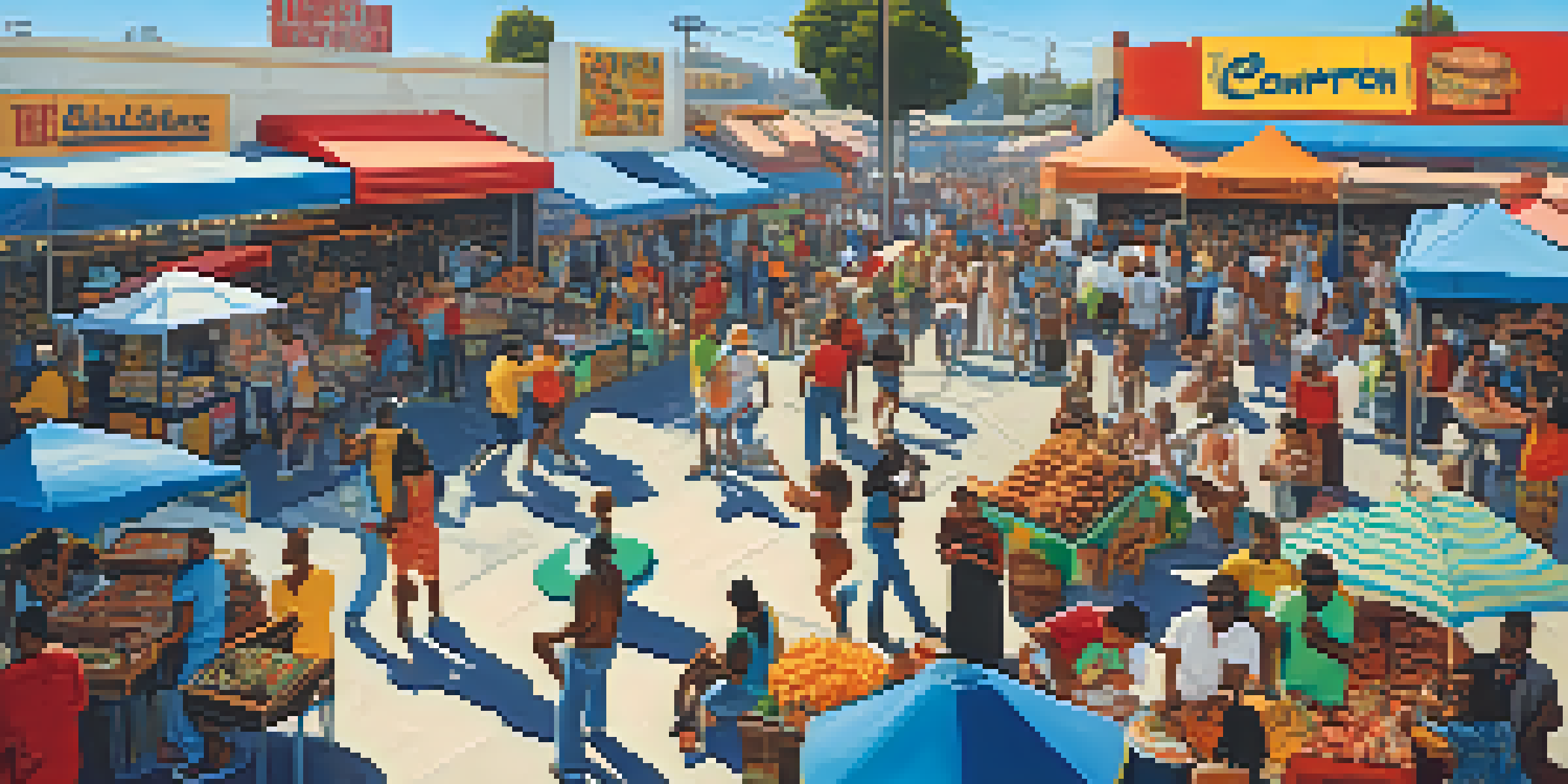 A lively outdoor marketplace at the Compton Swap Meet, featuring colorful food stalls, local musicians, and a diverse crowd enjoying performances under a sunny sky.