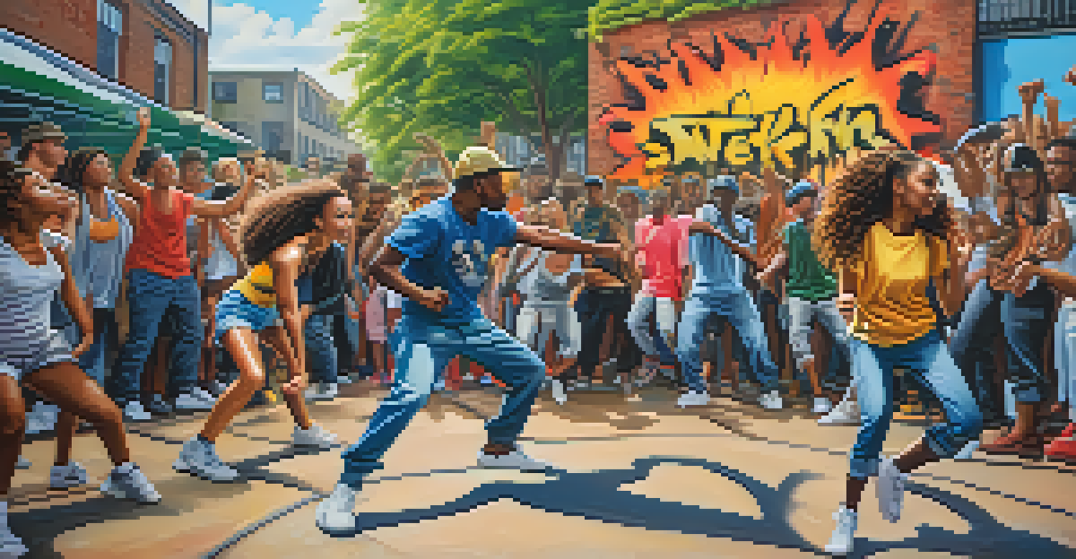 Young dancers engaged in a lively dance battle in an urban park, with an enthusiastic audience and vibrant graffiti.
