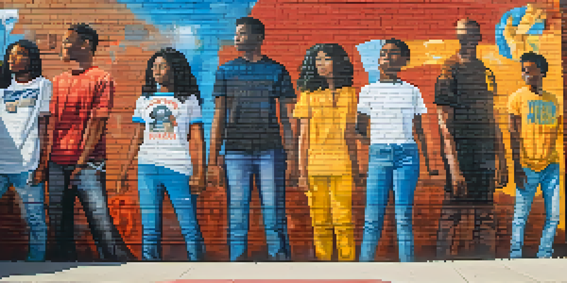 A colorful mural depicting young activists united for social justice, painted on a brick wall in Compton, with bright colors and detailed textures.