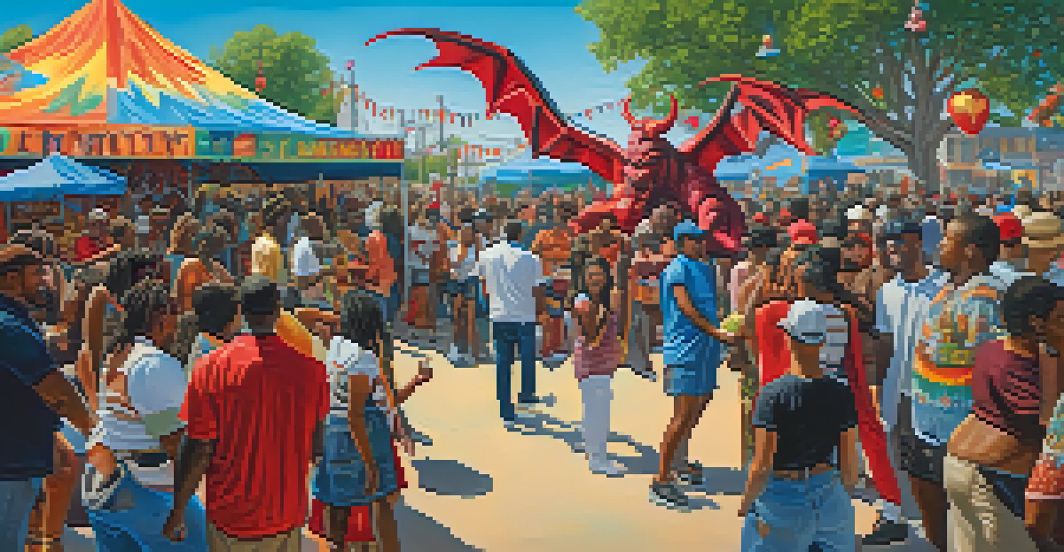 A lively community festival with colorful murals and sculptures inspired by the Compton Devil, showcasing people engaging with the art in a vibrant atmosphere.