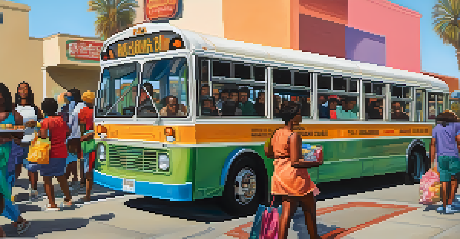 Residents boarding a colorful public bus in Compton with grocery bags, surrounded by murals reflecting cultural heritage.