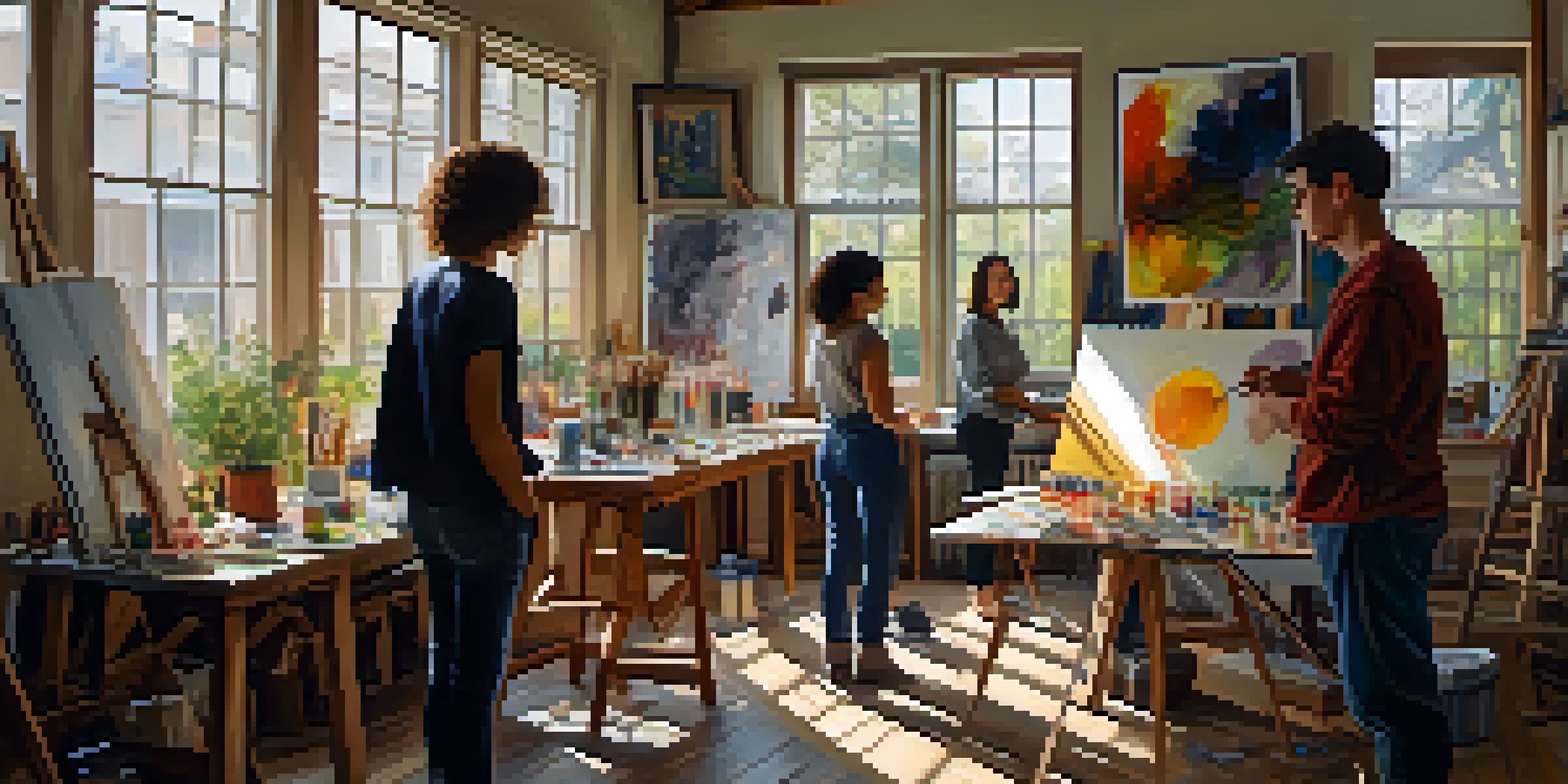 A group of young artists working together in a workshop, with paints and canvases, illuminated by warm natural light.
